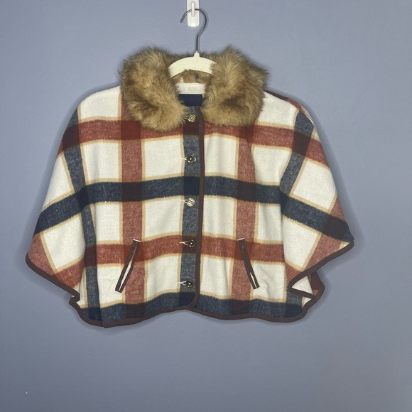 Janie and Jack Blue and Brown Cape with Faux Fur Collar - Picture 1 of 3